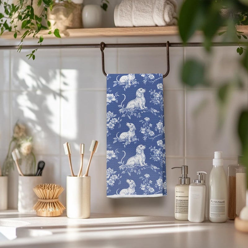 EKGJW Chinoiserie Dachshund Kitchen Towels, Dachshund Weiner Dog Lover Gifts Dish Tea Towels for Kitchen Decor, Grandmillennial Weiner Dog Decorative Hand Towels for Bathroom, 16x24 Inch - Image 5